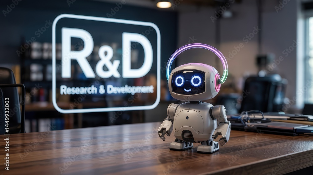 Obraz premium Modern robot companion positioned on a wooden desk.