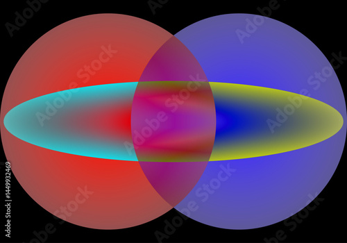 Composición abstracta con círculos y elipses de color sobre fondo negro