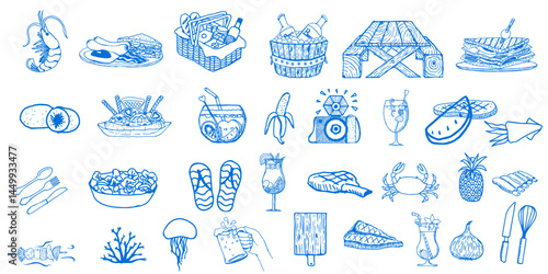Summer sea beach icons. Summer Italy Amalfi beach vacation. Sea doodle Italian coastal hand drawn illustration set. Hand-drawn illustrations of summer.