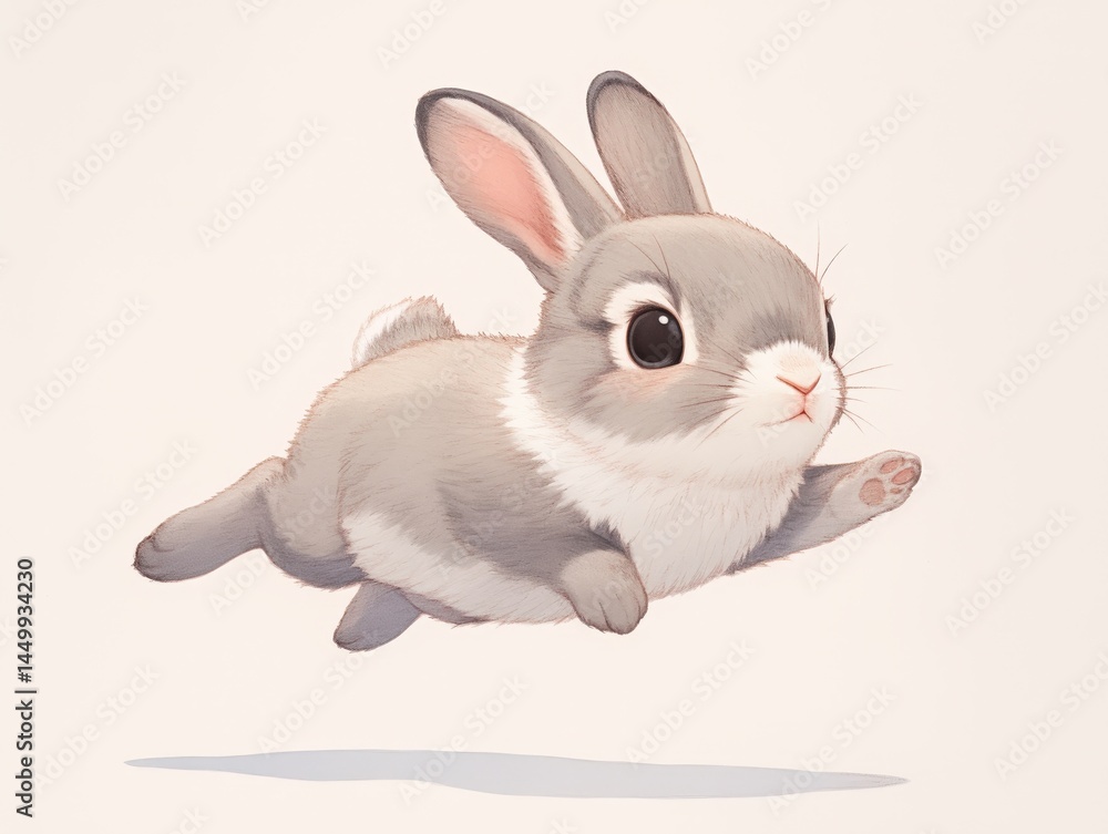 Fototapeta premium A cute gray bunny leaping forward with ears up on a light background