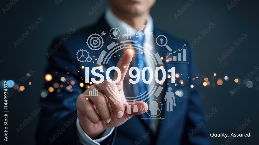 Businessman points at iso 9001 quality assurance symbol. Businessman points at iso 9001 quality assurance symbol.