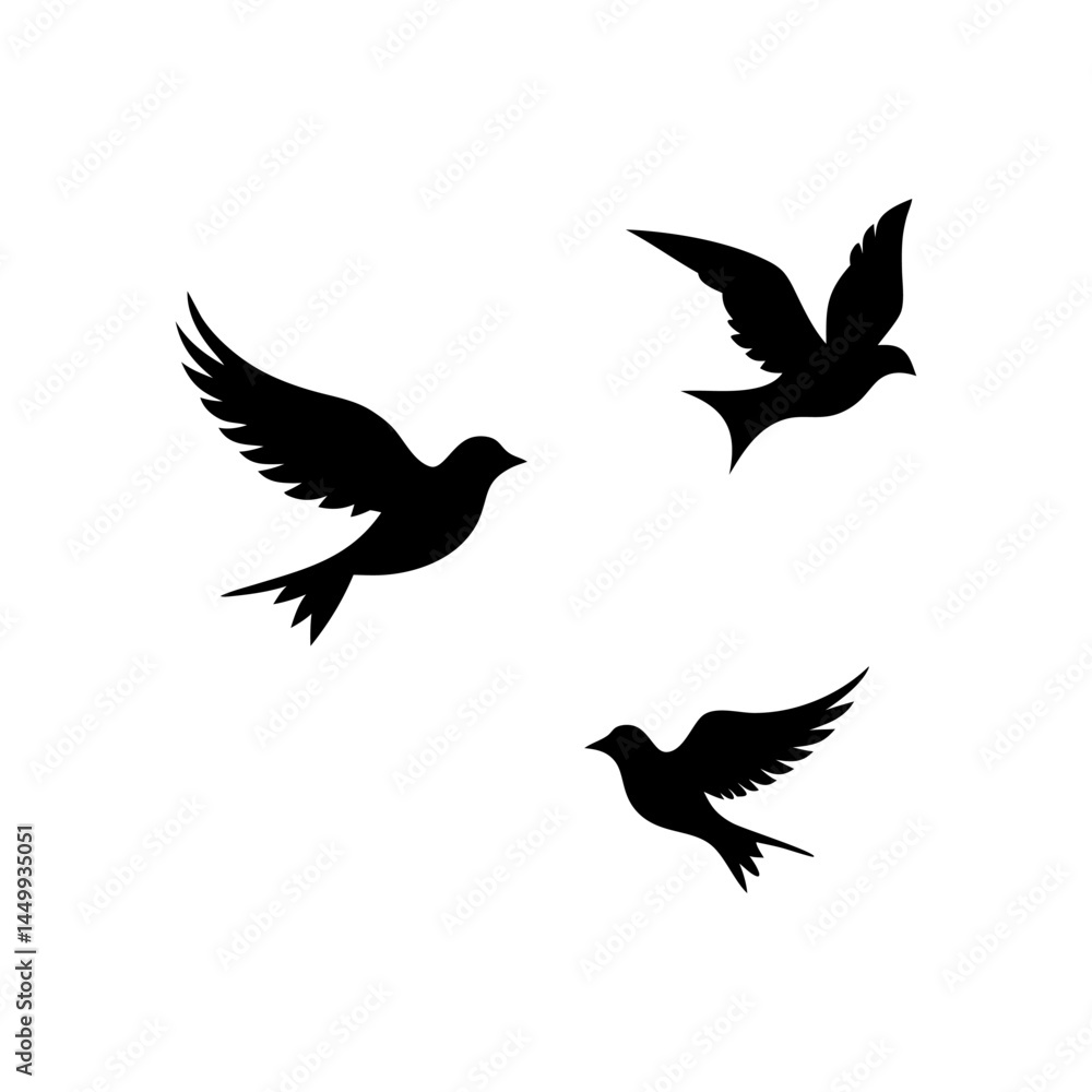 Obraz premium Flying Bird Silhouette Vector Icon Black Design on White Background.