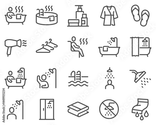 Simple Set of Showering and Bathing Related Vector Line Icons. Contains such Icons as Shower Cabin, Wet Towels, Hot tube and more.