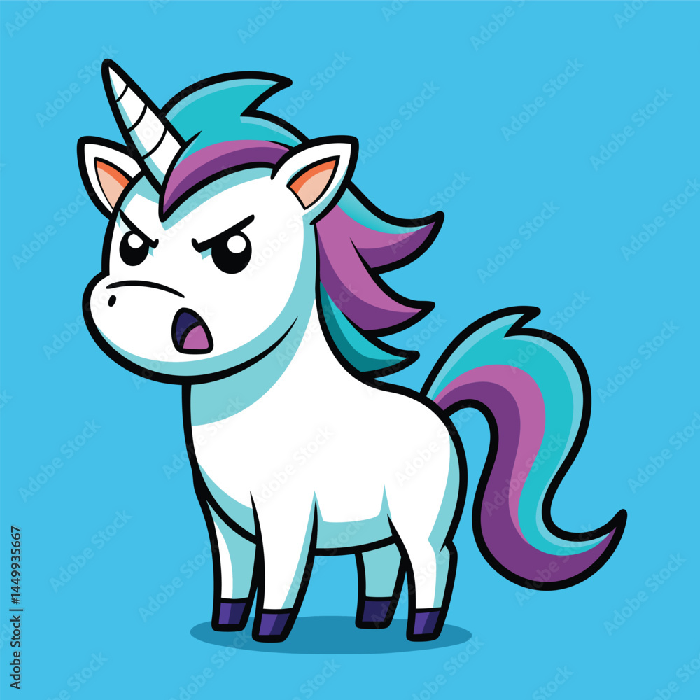 Discover the fierce and whimsical angry unicorn cartoon illustration, perfect for children's books, stickers, banners, t-shirts, and more. This dynamic vector art adds a playful and expressive charact Discover the fierce and whimsical angry unicorn cartoon illustration, perfect for children's books, stickers, banners, t-shirts, and more. This dynamic vector art adds a playful and expressive charact