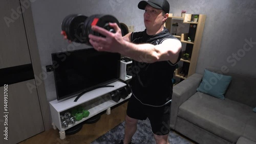 Athlete with dumbbells in his hands, pumping the front deltoid muscle with dumbbells, workout at home with weights. Slow motion.