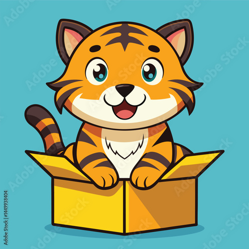 Meet the adorable tiger inside a box cartoon mascot illustration, perfect for storybooks, animations, and print products. This charming vector art brings a playful and delightful character to life, id