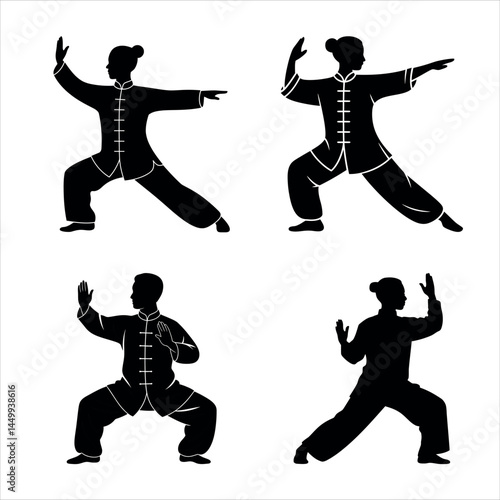 Tai chi poses silhouettes martial arts exercise concept