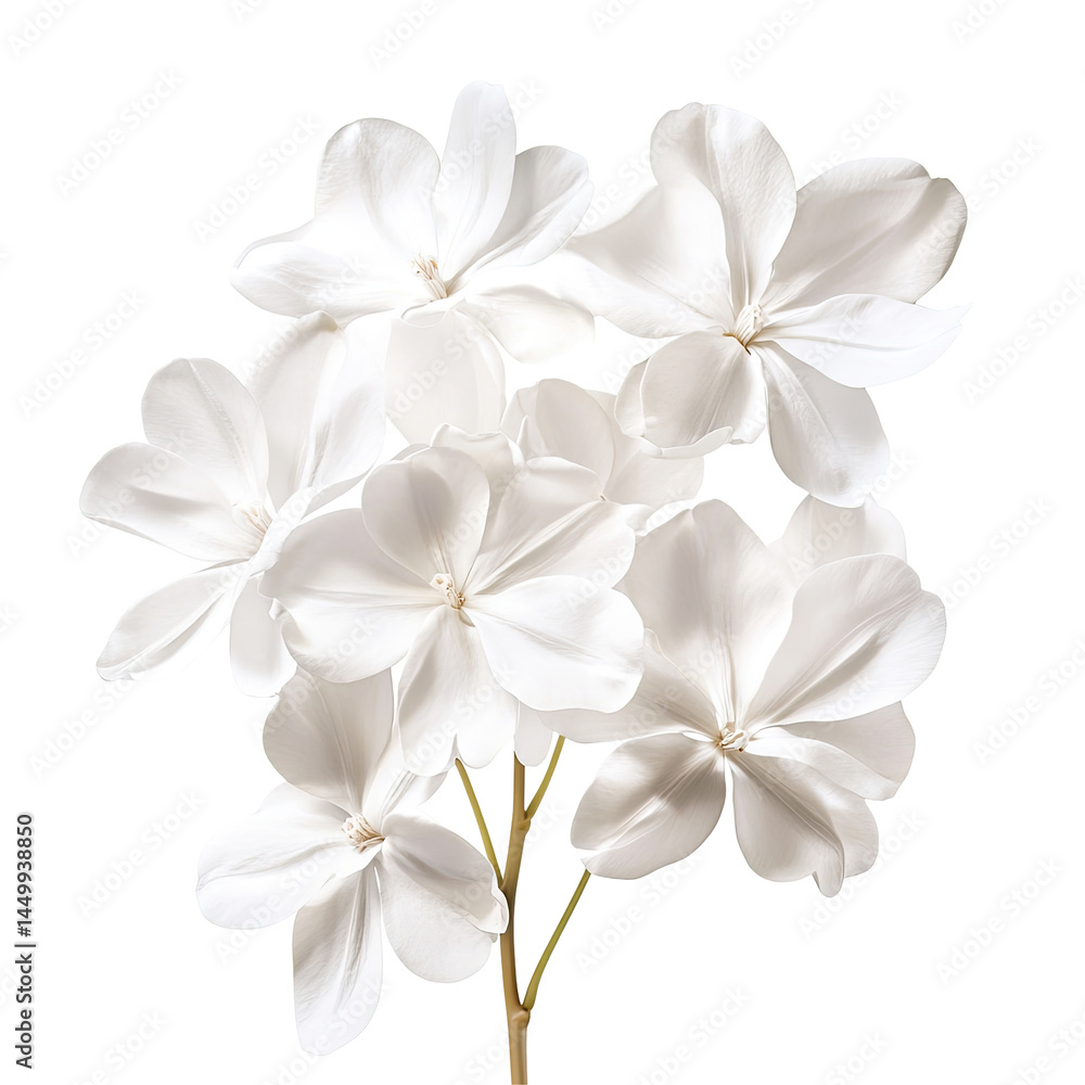 Cluster of pristine white flowers with delicate petals. A bouquet of blossoms on stems Cluster of pristine white flowers with delicate petals. A bouquet of blossoms on stems