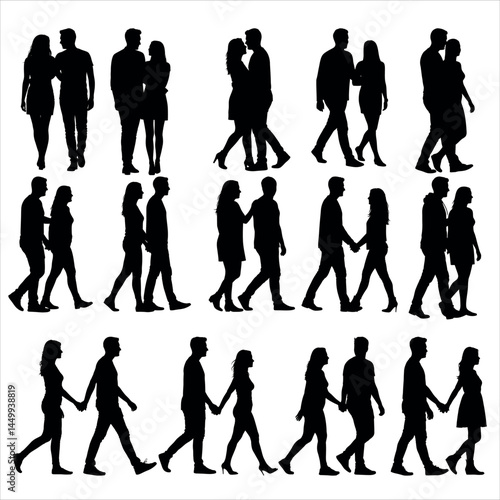 Collection of couple silhouette walking together vector art