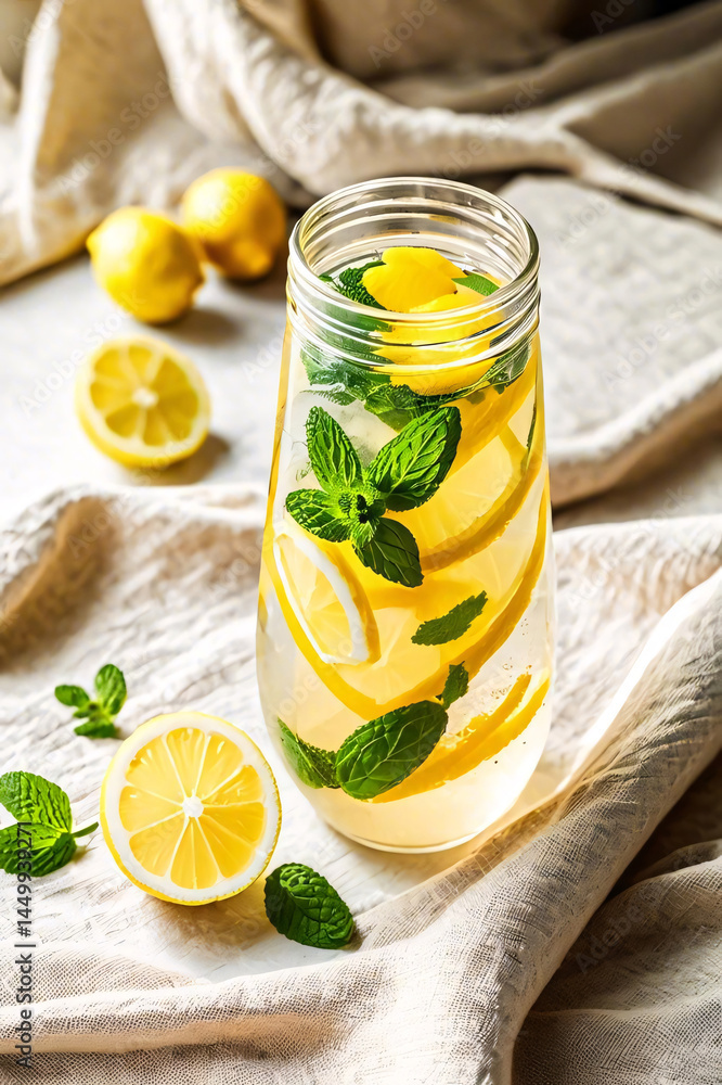 Fototapeta premium Stylish Infused Water with Turmeric, Lemon & Mint – Neurodegenerative Disease Prevention and Natural Anti-Inflammatory Drink Concept