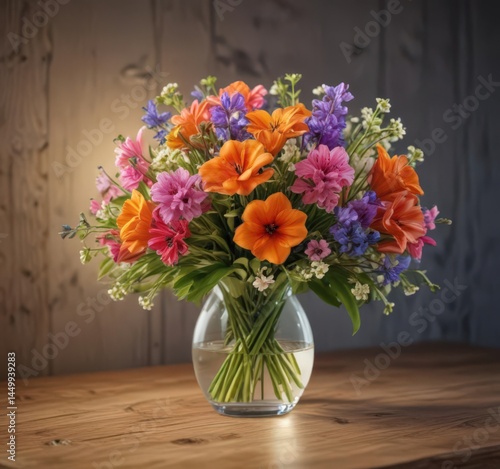 Wallpaper Mural Vibrant spring bouquet illuminated by soft lamp glow on wooden surface , lamp, pastel Torontodigital.ca