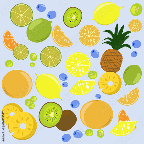 background with citrus fruits, citrus fruit set. Summer fruit cocktail. Slices and whole pieces of fruit for cocktails and refreshing drinks. Stickers, decals, icons