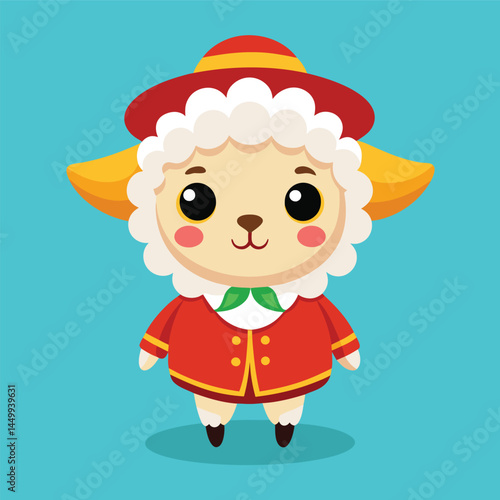 Adorable chibi sheep dressed in a vibrant mariachi suit, depicted as a charming cartoon mascot character.
