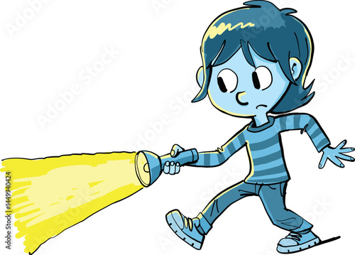boy with a flashlight walks through the darkness and lights his way