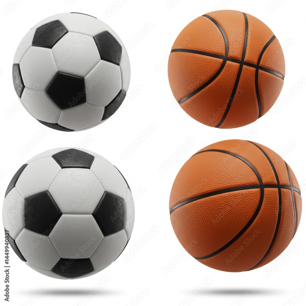 Two soccer balls and two basketballs arranged in a square pattern on a white background studio shot Two soccer balls and two basketballs arranged in a square pattern on a white background studio shot