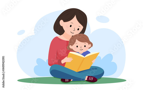 Happy mom and child reading book together, family time and learning concept