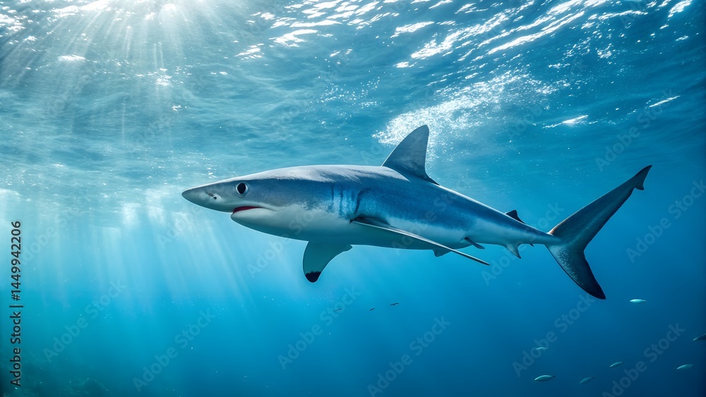 Obraz premium Oceanic Predator: A sleek, blue shark gracefully glides through sun-dappled waters, a powerful image of marine life in its natural habitat.