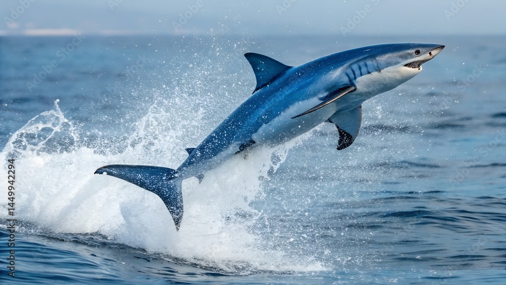 Fototapeta premium Great White Shark Leaping: A majestic great white shark, powerful and sleek, leaps out of the ocean in a spectacular display of aquatic power, leaving a trail of cascading water in its wake.