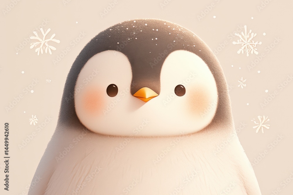 Fototapeta premium A cute penguin with rosy cheeks stands amidst winter's snowy delight