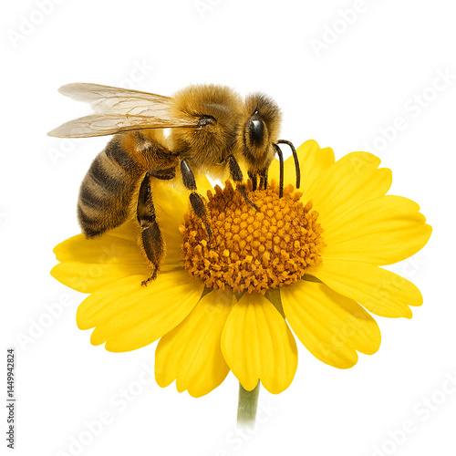 A honeybee on a yellow flower, isolated on transparent background PNG