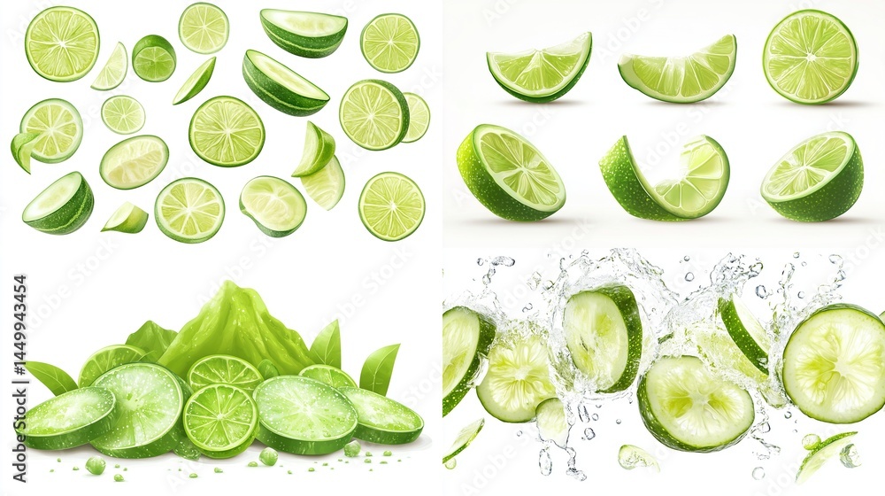 Realistic lime slices and wedges in various positions, with splashes and leaves Realistic lime slices and wedges in various positions, with splashes and leaves