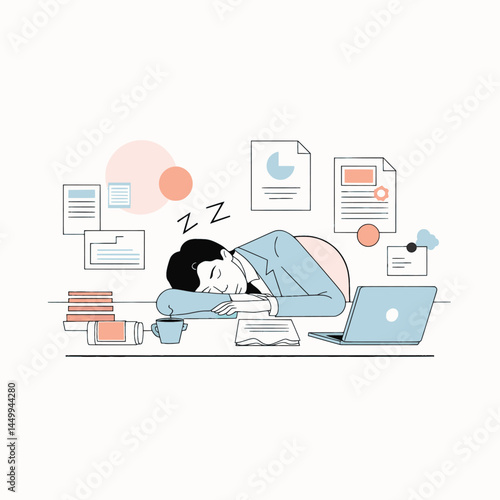 businessman sleep with piles of work design illustration