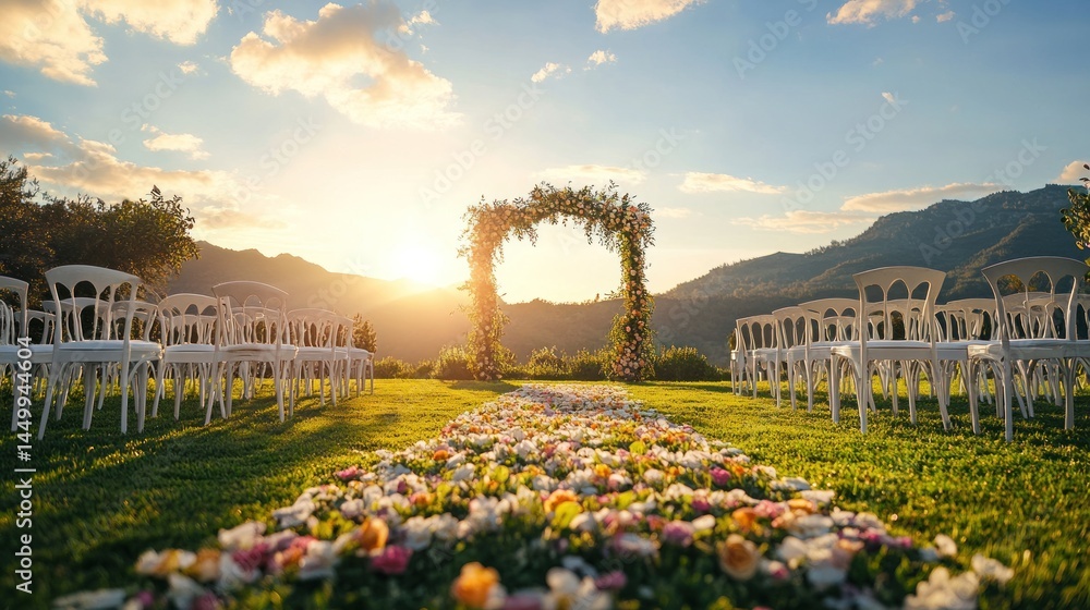 Obraz premium Romantic Outdoor Wedding Ceremony at Sunset with Floral Arch and Petal Pathway