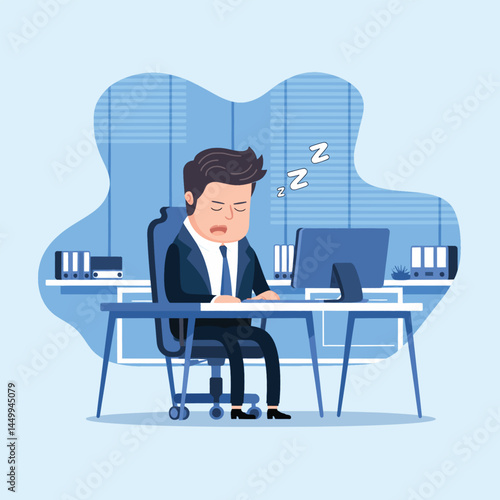 businessman sleeping on chair flat on office background design illustration
