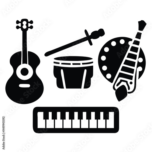 Musical or music Instruments Silhouette Style Vector Design.