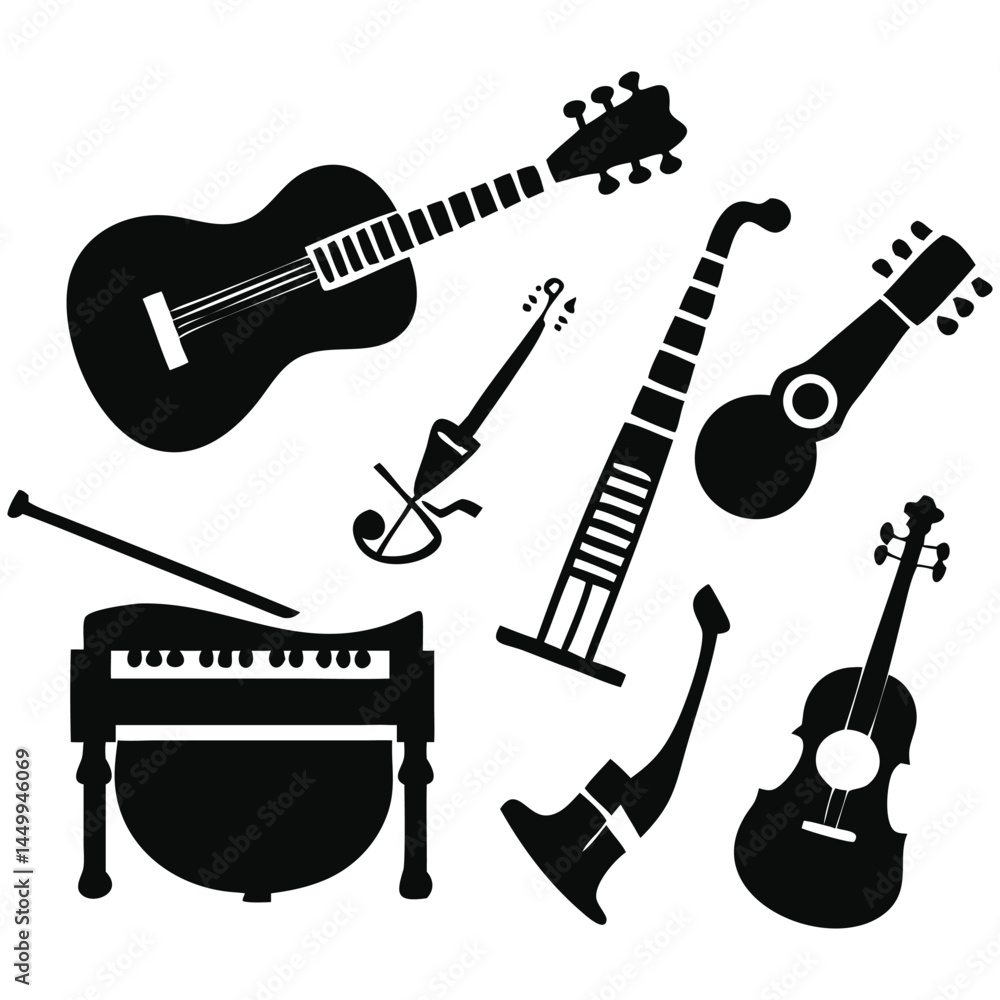 Fototapeta premium Musical or music Instruments Silhouette Style Vector Design.