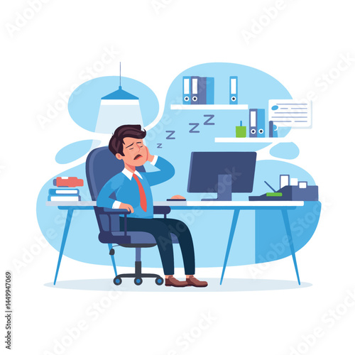businessman sleeping on chair illustration with office background flat design