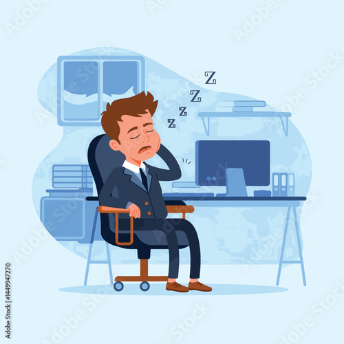 businessman sleeping on chair illustration with office background flat