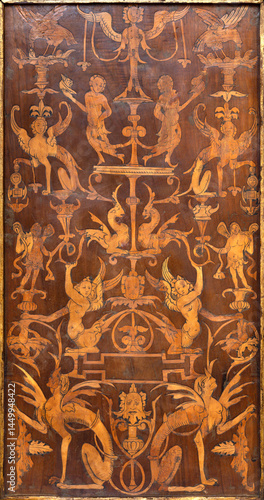 Perugia - The detail of intarsia on the renaissance stalls in the church Cattedrale di San Lorenzo (St. Lawrece cathedral) by unknown artist.