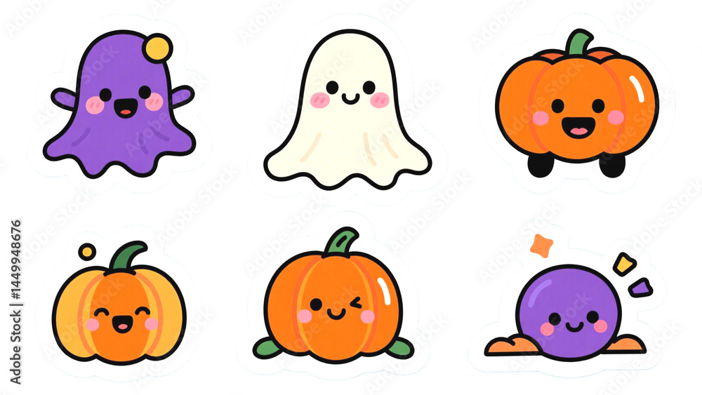 Obraz premium Adorable Halloween Kawaii Characters Ghost, Pumpkin, and Purple Creature Illustrations