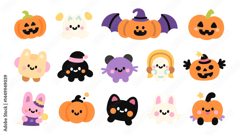 Obraz premium Adorable Halloween Kawaii Characters Pumpkins, Ghosts, Cats, and More!