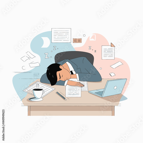 businessman sleeping on chair on office background flat design