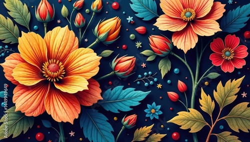 Bold paisley floral, large blooms & leaves, rich color palette , texture, retro