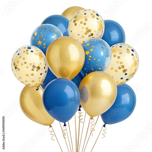 Balloons Bursting with Cheer: A cluster of vibrant blue and radiant gold balloons floats, some adorned with cheerful confetti.