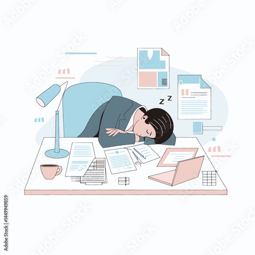 businessman sleeping on chair on office background flat illustration