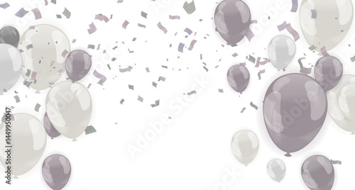Happy birthday vector illustration. White effect balloons and gold confetti falling on the background. Greeting card