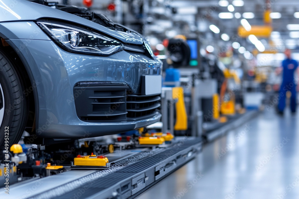 Fototapeta premium Automobile factory with conveyor belts showcasing assembly process and production details in a modern automotive facility