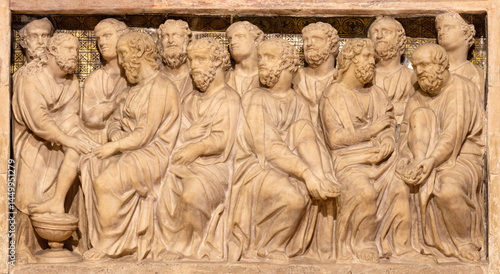 PISTOIA, ITALY - MARCH 16, 2025: The marble relief of Last supper on the medieval pulpit in the church Chiesa di San Giovanni Fuorcivitas by Guglielmo da Pisa (1270)