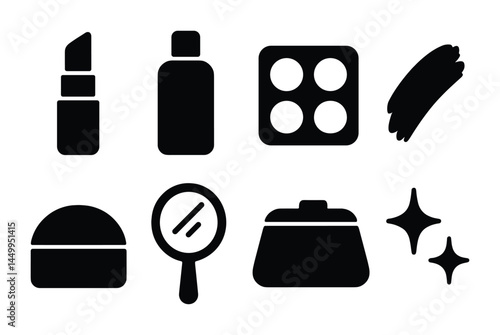 Cosmetic and beauty solid icons set - flat, filled, makeup and skincare symbols