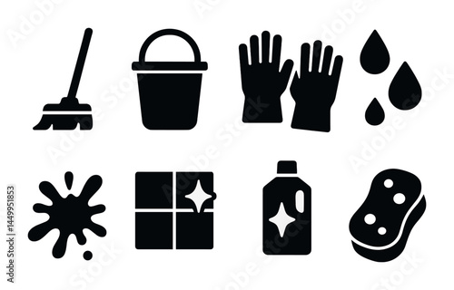 Cleaning and maintenance solid icons set – bold, filled, housekeeping and janitorial symbols
