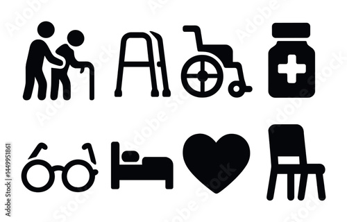 Elderly care solid icons set – filled, senior assistance, health support symbols