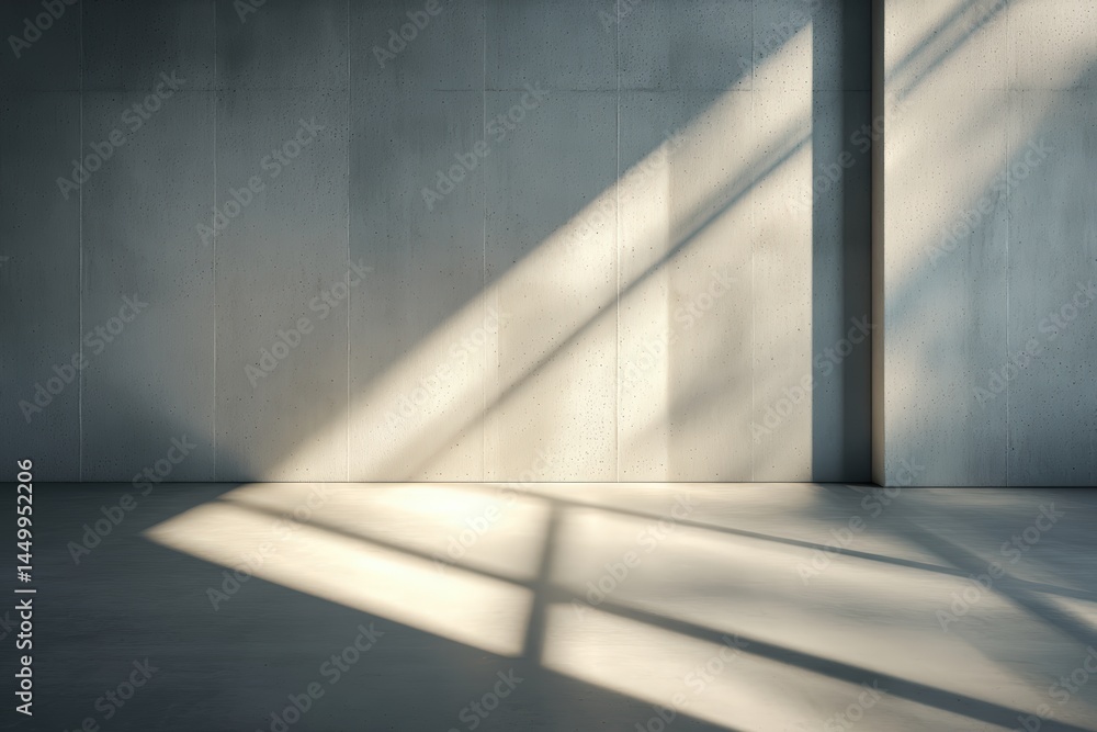 Fototapeta premium Minimalist empty room with concrete walls and floor, illuminated by soft sunlight casting geometric shadows through a window.