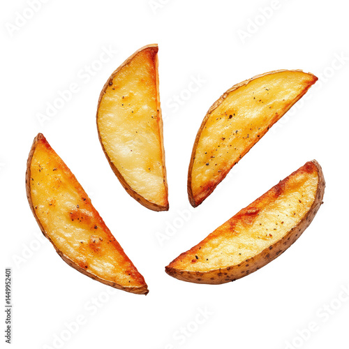 Flat lay view of four rustic potato fries isolated on a white background as a png