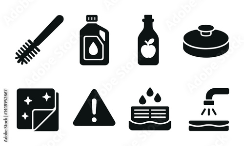 Cleaning and hygiene solid icons set – sterilization, sanitation, cleanliness symbols