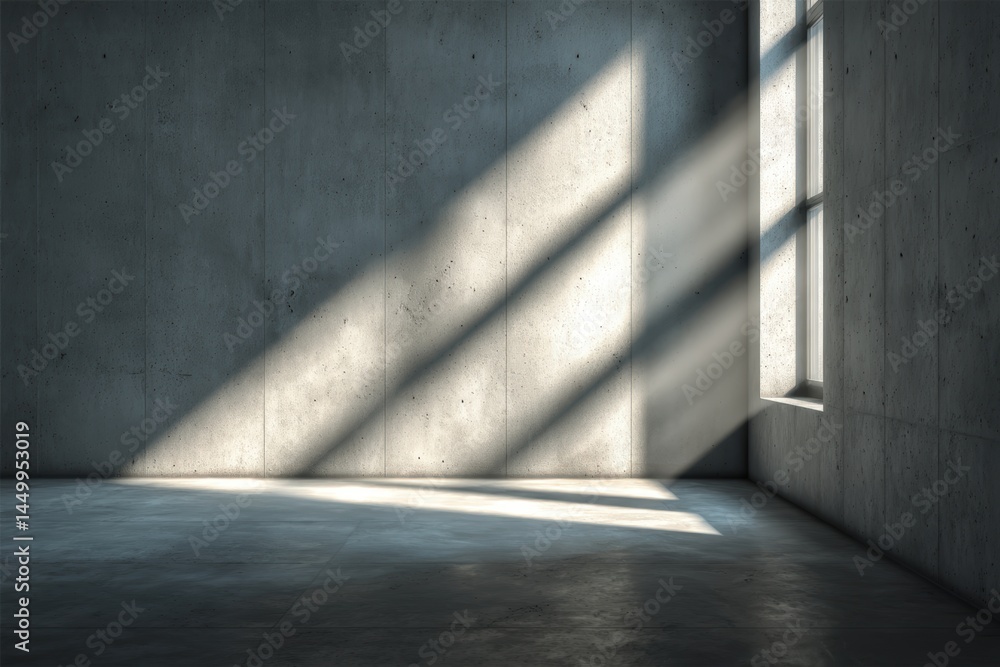 Obraz premium Sunlight streams through a window, casting shadows on the bare concrete walls and floor of an empty room.