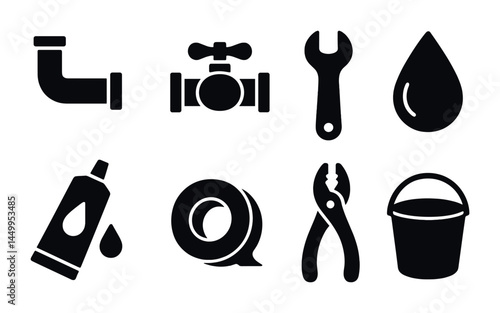 Plumbing and maintenance icons set – solid, tools, repair, equipment symbols